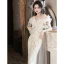 Charmant Beige Perlage Paillettes Appliques Robe De Bal 2023 Trompette / Sirène De l'épaule Manches Courtes Dos Nu Noeud Longue Promo Robe De Ceremonie