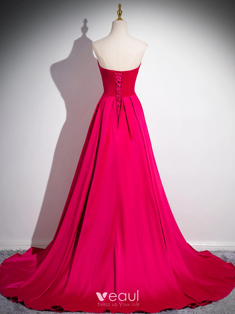 Chic / Beautiful Fuchsia Prom Dresses 2024 A-Line / Princess Strapless  Sleeveless Backless Sweep Train Prom Formal Dresses