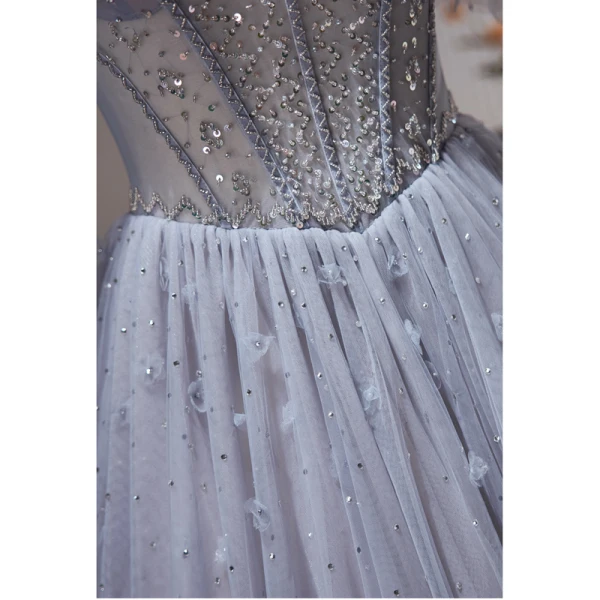 Charmant Meeresblau Perlenstickerei Pailletten Ballkleider 2023 A Linie Off Shoulder Kurze Ärmel Rückenfreies Lange Ball Festliche Kleider