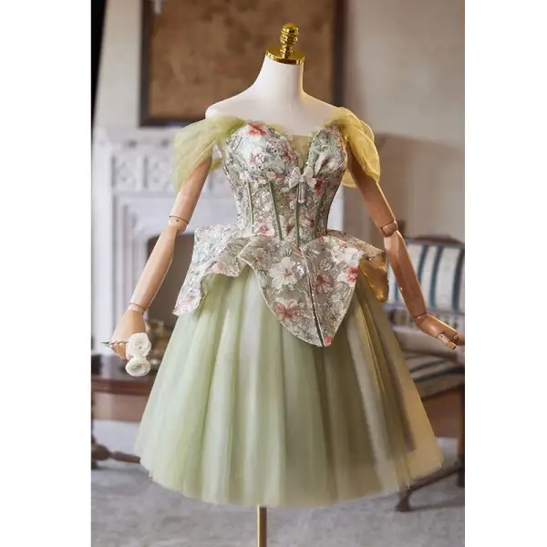 Chic / Beautiful Sage Green Sequins Lace Flower Homecoming Graduation Dresses 2025 A-Line / Princess Off-The-Shoulder Short Sleeve Backless Tea-length Formal Dresses