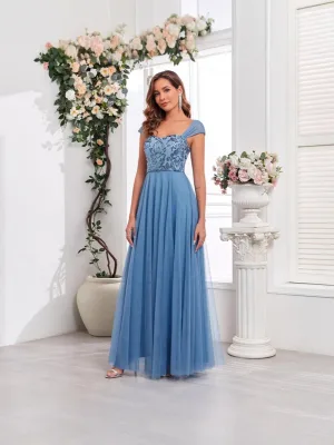 Chic Belle Bleu Ciel Paillettes Robe De Bal 2025 Princesse Encolure Carrée Sans Manches Dos Nu Longue Promo Robe De Ceremonie