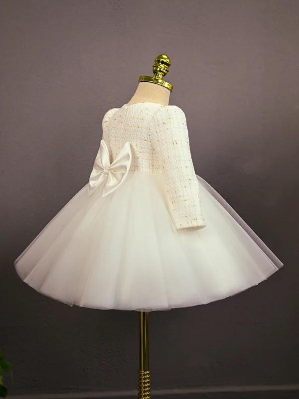 Elegant White Beading Lace Flower Pearl Sequins Bow Birthday Flower Girl Dresses 2024 Ball Gown Scoop Neck Short Long Sleeve