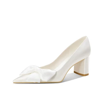 Eleganckie Białe Skórzany Kokarda Buty Ślubne 2023 Ślub 5 Cm Szpilki Szpiczaste Buty Ślubne Wysokie Obcasy