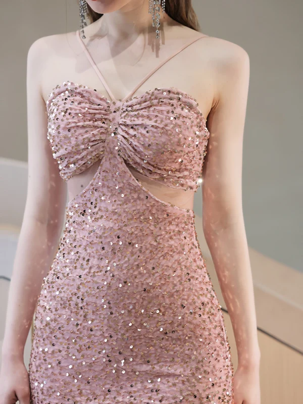 Glitzernden Rosa Pailletten Abendkleider 2023 Bandeau Meerjungfrau Ärmellos Rückenfreies Lange Abend Festliche Kleider
