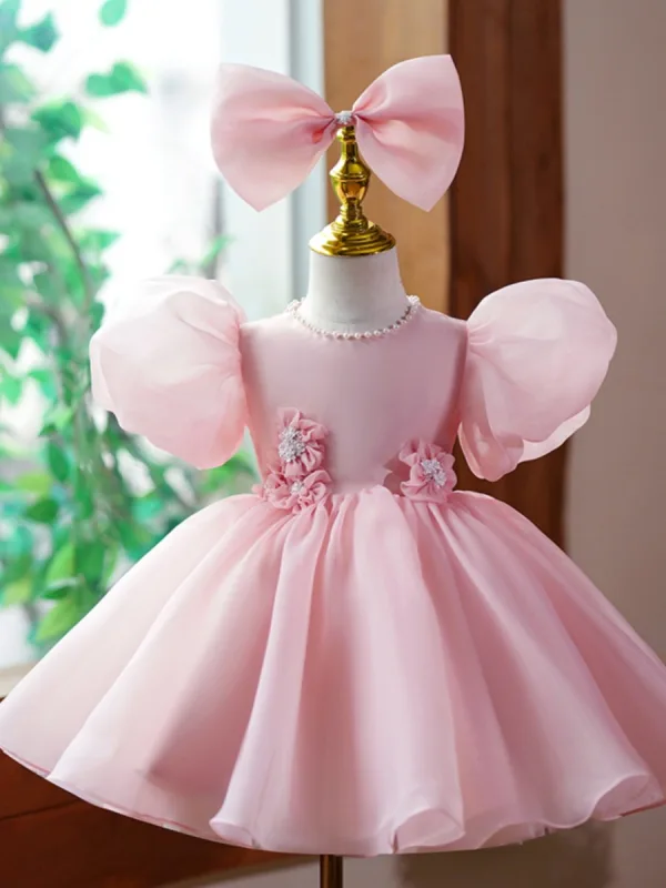 Lovely Blushing Pink Birthday Pearl Flower Girl Dresses 2023 Ball Gown Scoop Neck Puffy Short Sleeve Bow