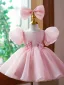 Lovely Blushing Pink Birthday Pearl Flower Girl Dresses 2023 Ball Gown Scoop Neck Puffy Short Sleeve Bow