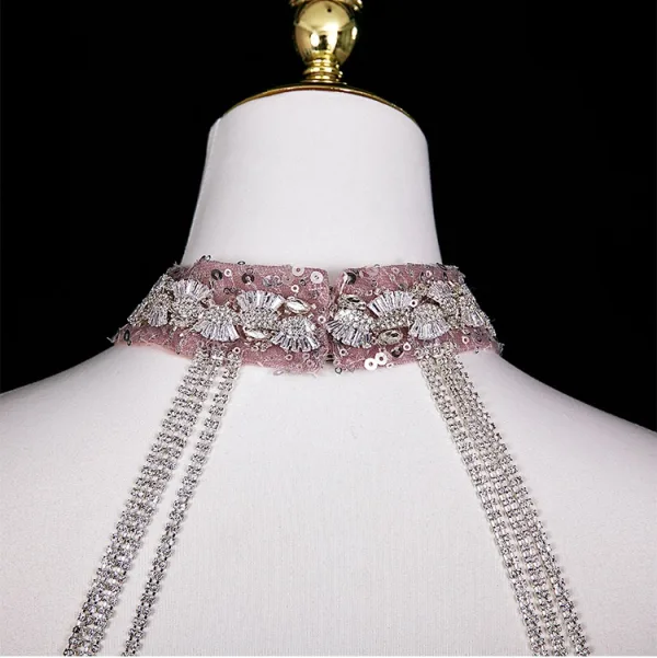 Blumenfee Rosa Strass Pailletten Applikationen Ballkleider 2025 A Linie Stehkragen Ärmellos Rückenfreies Sweep / Pinsel Zug Festliche Kleider