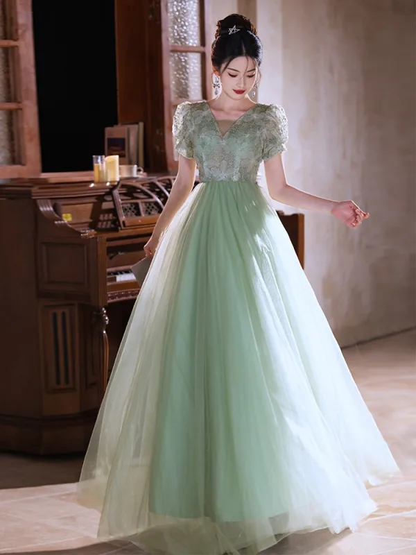 Chic / Beautiful Sage Green Flower Prom Dresses 2025 A-Line / Princess V-Neck Short Sleeve Backless Floor-Length / Long Prom Formal Dresses