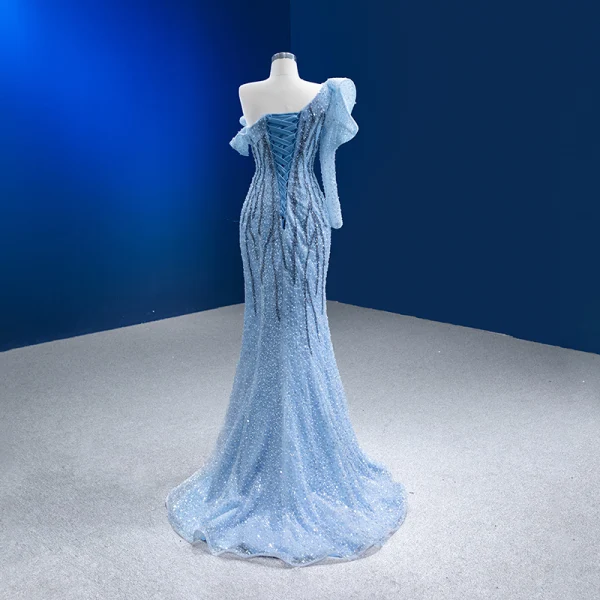 High End Charmant Himmelblau Perlenstickerei Pailletten Abendkleider 2023 Meerjungfrau One-Shoulder Lange Ärmel Rückenfreies Gespaltete Front Sweep / Pinsel Zug Abend Festliche Kleider