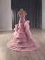 High-end Unusual Blushing Pink Cascading Ruffles Prom Dresses 2025 Ball Gown Off-The-Shoulder Short Sleeve Backless Sweep Train Formal Dresses