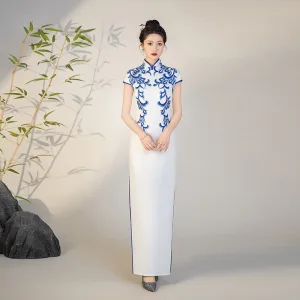 Style Chinois Blanche En Dentelle Fleur Fendue Devant Cheongsam 2025 Trompette Sirène Col Haut Manches Courtes Longue Soirée Cheongsam