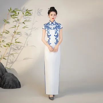 Style Chinois Blanche En Dentelle Fleur Fendue Devant Cheongsam 2025 Trompette Sirène Col Haut Manches Courtes Longue Soirée Cheongsam