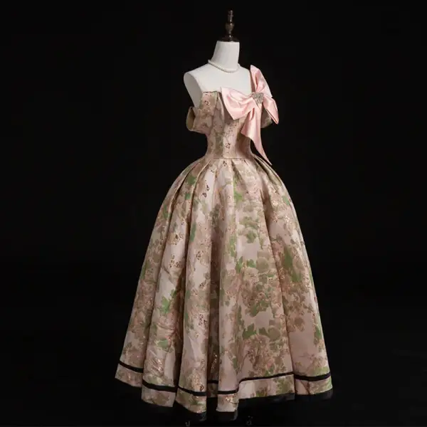 Medieval Blushing Pink Printing Prom Dresses 2022 Satin Ball Gown One-Shoulder Bow Rhinestone Short Sleeve Backless Floor-Length / Long Formal Dresses