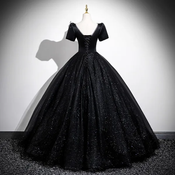 Elegant Black Glitter Prom Dresses 2025 Ball Gown Square Neckline Bow Short Sleeve Backless Floor-Length / Long Prom Formal Dresses