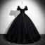 Elegant Black Glitter Prom Dresses 2025 Ball Gown Square Neckline Bow Short Sleeve Backless Floor-Length / Long Prom Formal Dresses