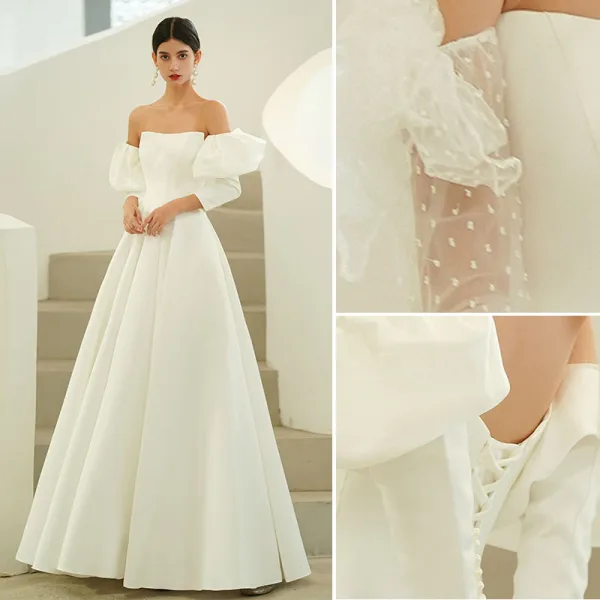 Elegant High-end Ivory Prom Dresses 2022 A-Line / Princess Strapless Short Sleeve Backless Floor-Length / Long Prom Formal Dresses
