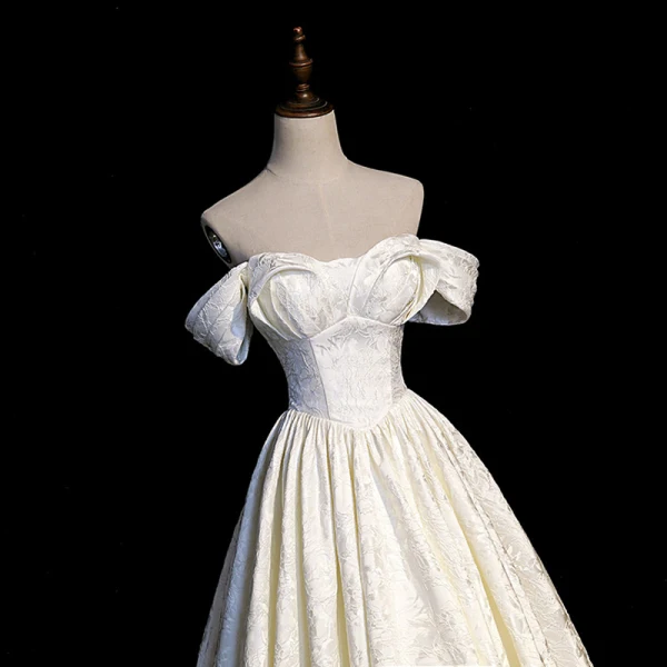 Vintage / Retro Ivory Printing Prom Dresses 2023 A-Line / Princess Off-The-Shoulder Short Sleeve Backless Floor-Length / Long Formal Dresses