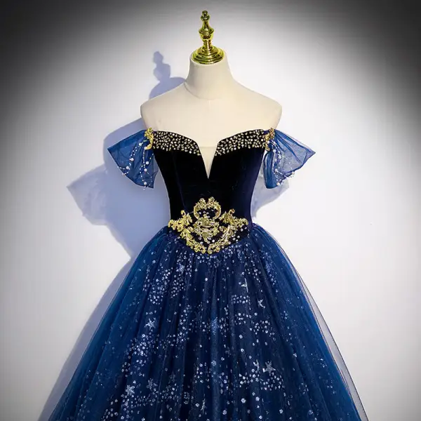 Charmant Bleu Marine Robe De Soirée 2022 Robe Boule De l'épaule Perlage Perle Paillettes Manches Courtes Dos Nu Longue Soirée Robe De Ceremonie