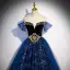 Charmant Bleu Marine Robe De Soirée 2022 Robe Boule De l'épaule Perlage Perle Paillettes Manches Courtes Dos Nu Longue Soirée Robe De Ceremonie