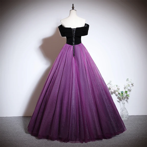 Vintage / Retro Purple Sequins Rhinestone Prom Dresses 2023 Ball Gown Off-The-Shoulder Short Sleeve Backless Floor-Length / Long Prom Formal Dresses
