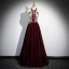 Chic / Beautiful Burgundy Beading Pearl Sequins Velvet Prom Dresses 2024 Ball Gown High Neck Sleeveless Backless Floor-Length / Long Prom Formal Dresses