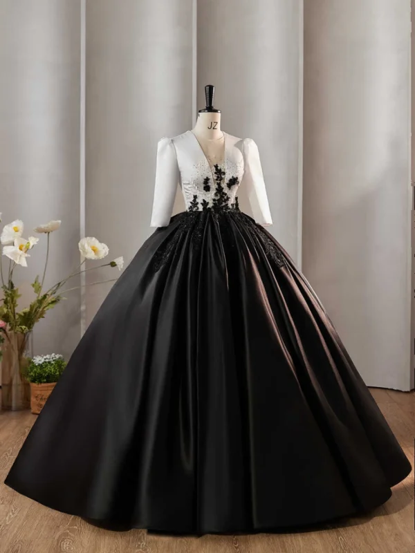 Vintage / Retro Red Sequins Lace Flower Satin Prom Dresses 2024 Ball Gown Scoop Neck 3/4 Sleeve Backless Floor-Length / Long Prom Formal Dresses