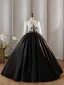 Vintage / Retro Red Sequins Lace Flower Satin Prom Dresses 2024 Ball Gown Scoop Neck 3/4 Sleeve Backless Floor-Length / Long Prom Formal Dresses