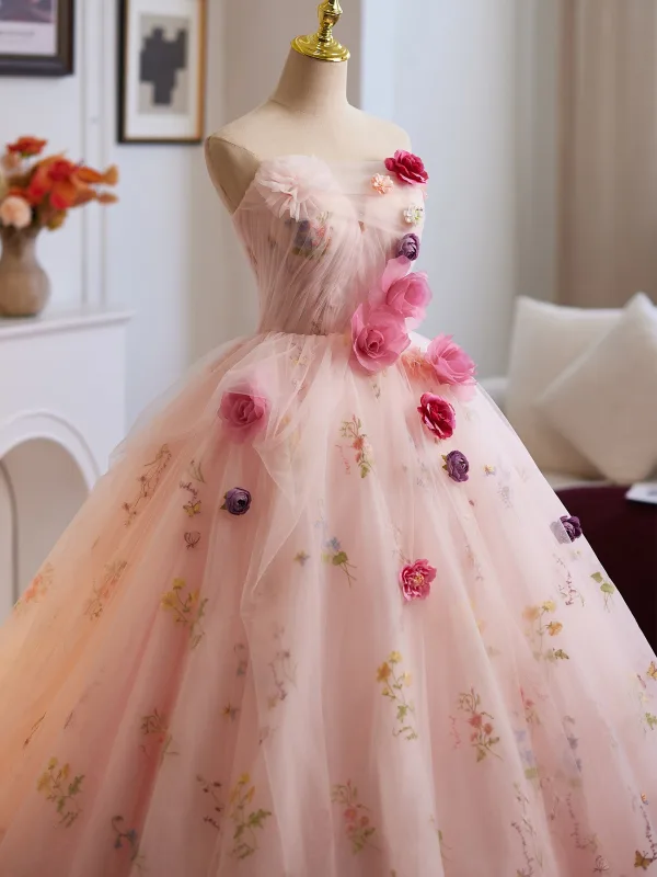Flower Fairy Blushing Pink Appliques Prom Dresses 2025 Ball Gown Strapless Sleeveless Backless Sweep Train Formal Dresses