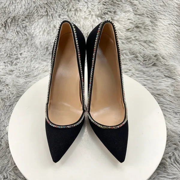 Mooie / Prachtige Zwarte Suede Rhinestone Avond Pumps 2025 12 cm Naaldhakken / Stiletto Spitse Neus Pumps Hoge Hakken