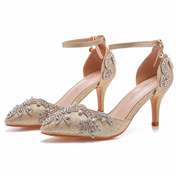 Sexy Silber Strass Brautschuhe 2023 7 cm Stilettos Knöchelriemen Spitzschuh Hochzeit Sandaletten Hochhackige