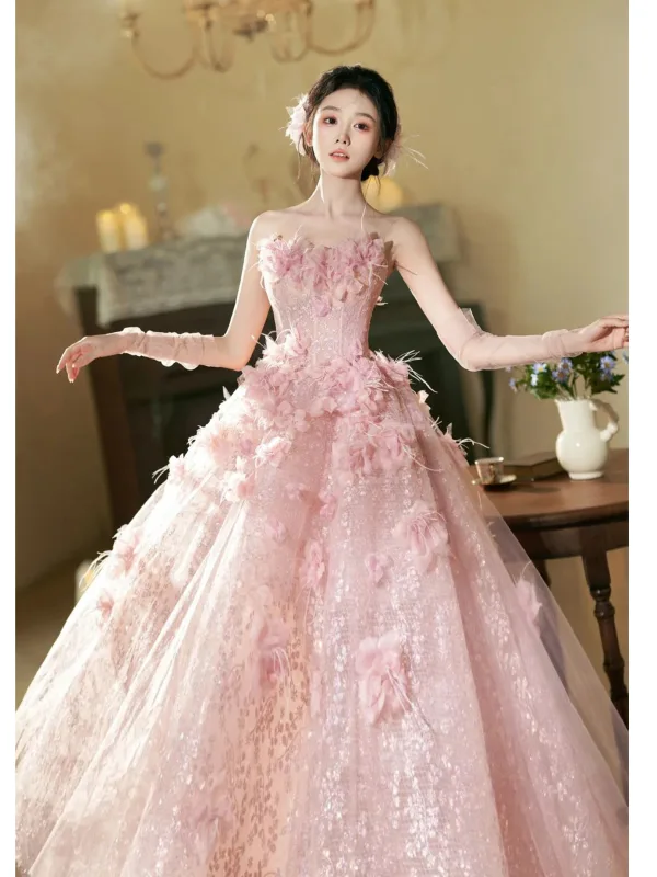 Flower Fairy Candy Pink Sequins Appliques Tassel Prom Dresses 2025 A-Line / Princess Strapless Sleeveless Backless Floor-Length / Long Prom Formal Dresses