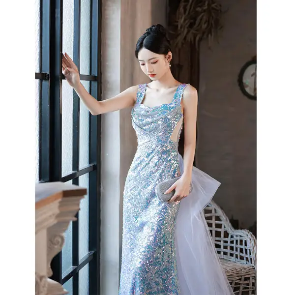 Scintillantes Bleu Ciel Multi-Couleurs Paillettes Robe De Soirée 2022 Trompette / Sirène Encolure Carrée Sans Manches Dos Nu Train De Balayage Soirée Robe De Ceremonie