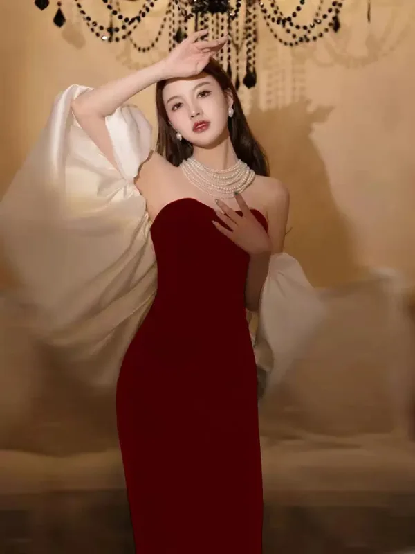 Modest  Black Evening Dresses 2023 Trumpet / Mermaid Strapless Puffy Short Sleeve Backless Floor-Length / Long Evening Party Formal Dresses