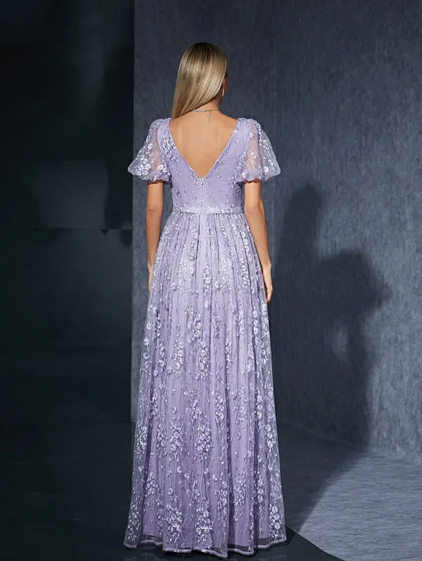 Chic / Belle Lavande En Dentelle Fleur Robe De Bal 2025 Princesse V-Cou Manches Courtes Dos Nu Longue Promo Robe De Ceremonie