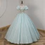 Elegant Mint Green Beading Sequins Prom Dresses 2023 Ball Gown Square Neckline Short Sleeve Backless Floor-Length / Long Prom Formal Dresses