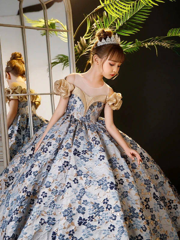 Elegant Sky Blue Printing Birthday Flower Girl Dresses 2024 Ball Gown Scoop Neck Ruffle Short Sleeve Backless Floor-Length / Long