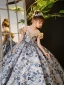 Elegant Sky Blue Printing Birthday Flower Girl Dresses 2024 Ball Gown Scoop Neck Ruffle Short Sleeve Backless Floor-Length / Long