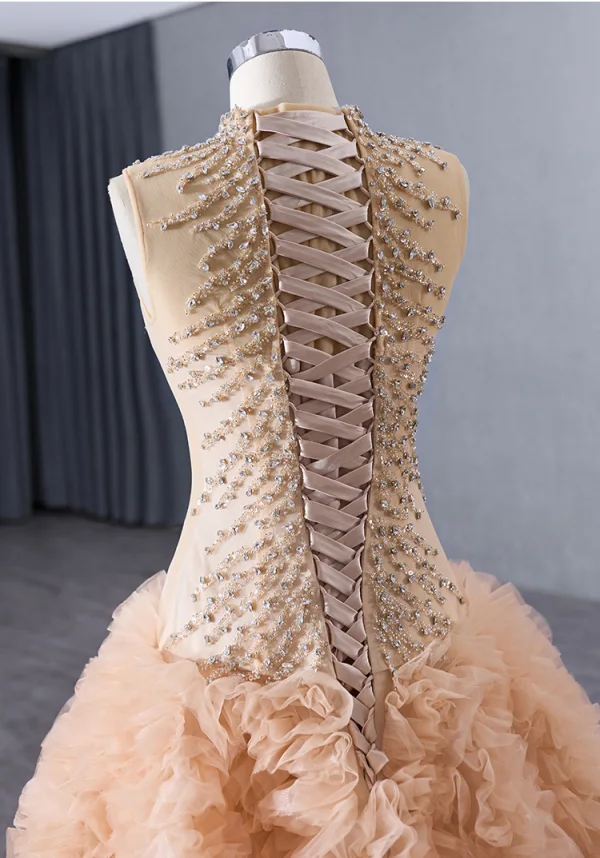 High-end Gold Rhinestone Sequins Pleated Prom Dresses 2024 A-Line / Princess High Neck Sleeveless Floor-Length / Long Prom Formal Dresses