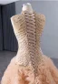 High-end Gold Rhinestone Sequins Pleated Prom Dresses 2024 A-Line / Princess High Neck Sleeveless Floor-Length / Long Prom Formal Dresses