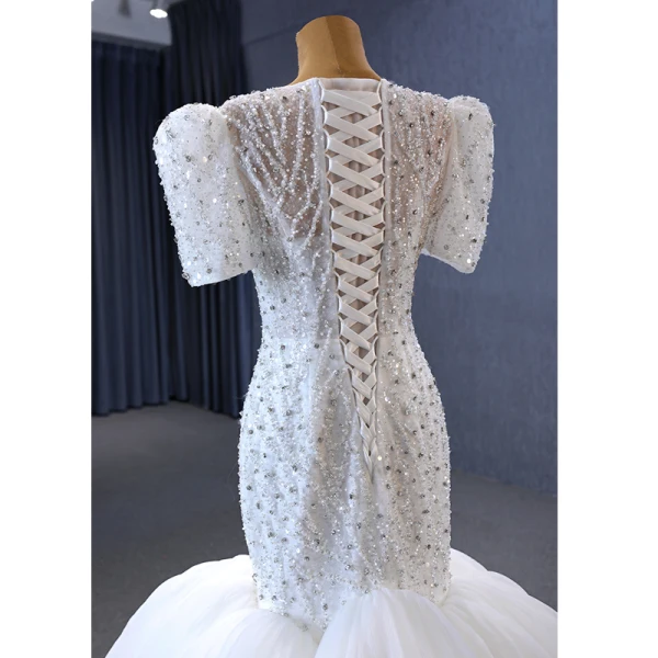 High-end White Handmade  Beading Pearl Sequins Wedding Dresses 2023 Trumpet / Mermaid Scoop Neck Short Sleeve Court Train Wedding