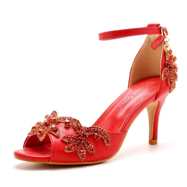 Charmant Schwarz Abend Strass Sandalen Damen 2023 Knöchelriemen 7 cm Stilettos Spitzschuh Sandaletten Hochhackige