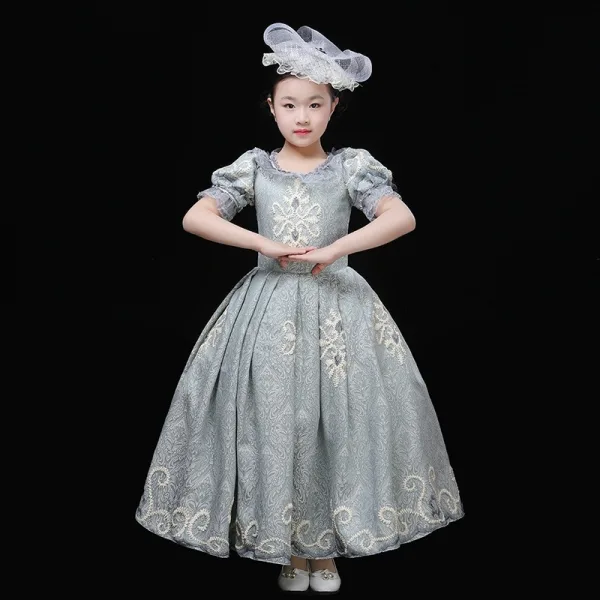 Vintage / Retro Medieval Pool Blue Flower Girl Dresses 2024 3D Lace Floral Printing Scoop Neck Short Sleeve Cosplay Prom Ball Gown Wedding Party Dresses