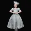 Vintage / Retro Medieval Pool Blue Flower Girl Dresses 2024 3D Lace Floral Printing Scoop Neck Short Sleeve Cosplay Prom Ball Gown Wedding Party Dresses