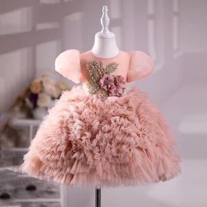 Chic Belle Rougissant Rose Perle Faux Diamant Courte Anniversaire Volants En Cascade Robe Ceremonie Fille 2023 Robe Boule Encolure Dégagée Gonflée Manches Courtes Tulle