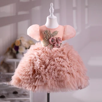 Chic Beautiful Blushing Pink Pearl Rhinestone Short Birthday Cascading Ruffles Flower Girl Dresses 2023 Ball Gown Scoop Neck Puffy Short Sleeve Tulle