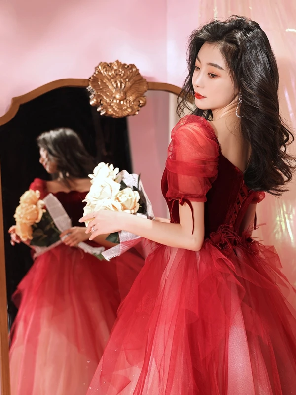 Chic / Beautiful Burgundy Evening Dresses 2023 A-Line / Princess Square Neckline Short Sleeve Backless Floor-Length / Long Evening Party Formal Dresses