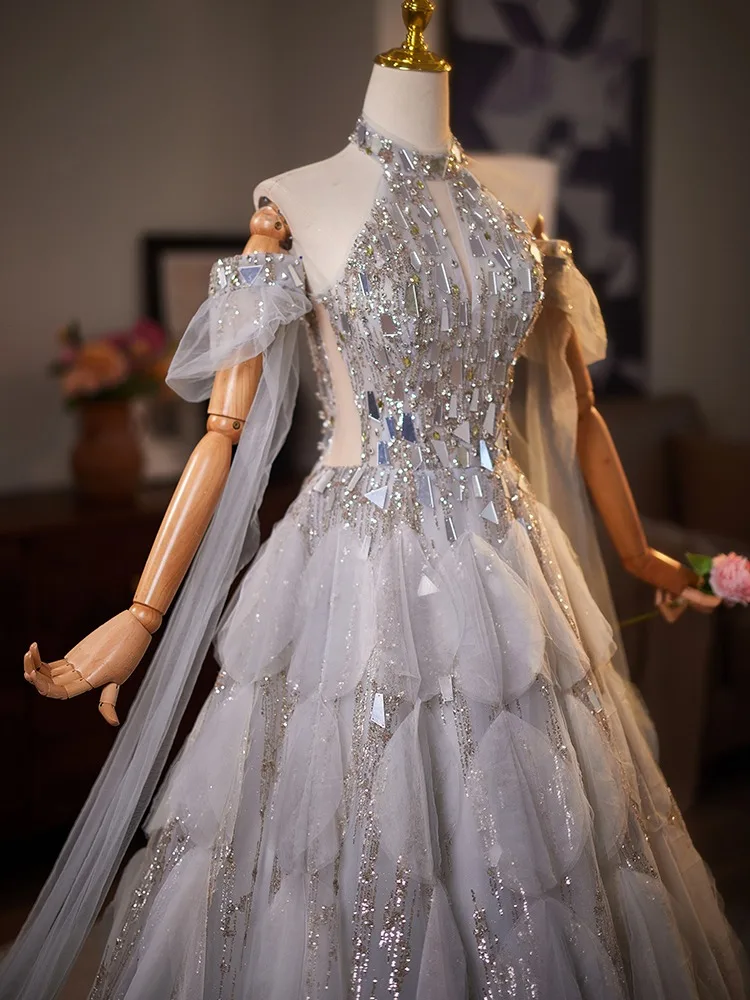 High-End Grey Rhinestone Sequins Prom Dresses 2025 Ball Gown High Neck Short Sleeve Long