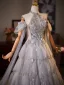 High-end Grey Rhinestone Sequins Prom Dresses 2025 Ball Gown High Neck Short Sleeve Backless Floor-Length / Long Prom Formal Dresses