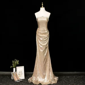 Sexy Sparkly Champagne Sequins Evening Dresses 2025 Trumpet Mermaid Strapless Sleeveless Backless Floor Length Long Evening Party Formal Dresses