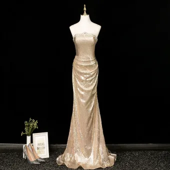 Sexy Sparkly Champagne Sequins Evening Dresses 2025 Trumpet Mermaid Strapless Sleeveless Backless Floor Length Long Evening Party Formal Dresses